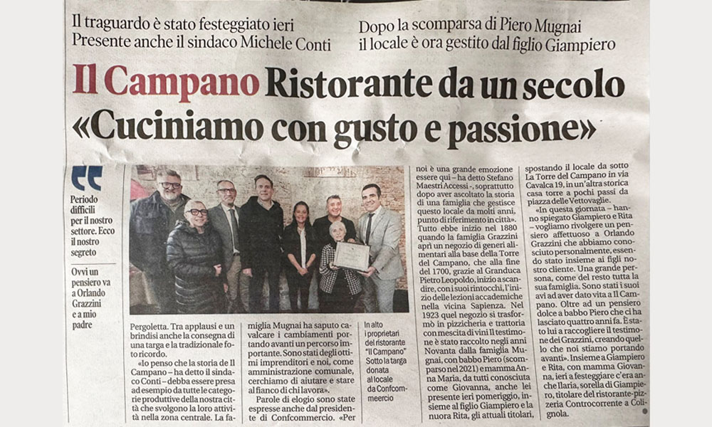 Trattoria il Campano - articolo per i 100 anni del ristorante trattoria a Pisa