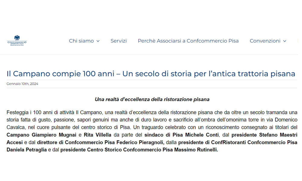 Trattoria il Campano - articolo per i 100 anni del ristorante trattoria a Pisa